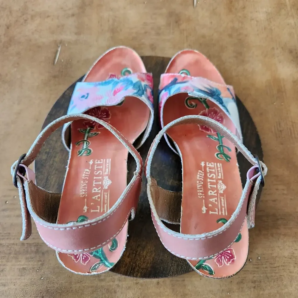 L'Artiste Spring Step Mauri Floral Sandals 37 Warm Orange Leather Hand Painted - Picture 8 of 16